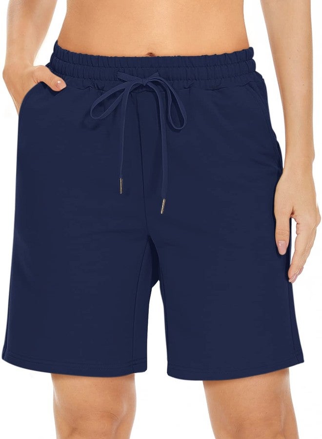 TARSE Women's Bermuda Shorts Plus Size Long Cotton Drawstring Loose with Pockets Knee Length Shorts Yoga Casual Walking Exercise Shorts(Navy,XL) - Image 2